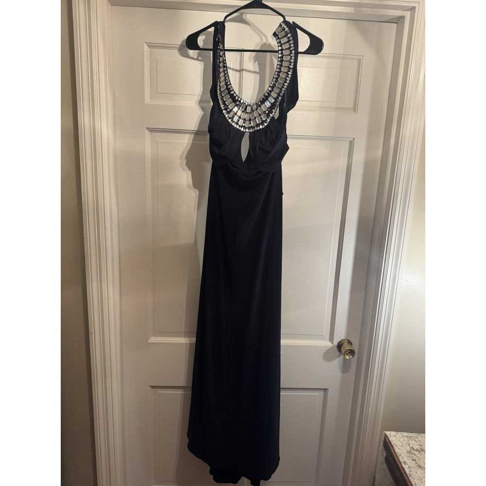 Betsy & Adam Halter Gown Lace Sequin Navy Size 14 Keyhole Formal